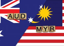 Australia and Malaysia currencies codes on national flags background. International money transfer concept