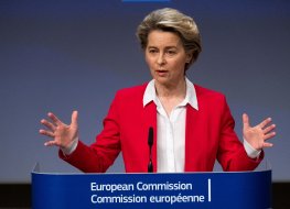 Ursula von der Leyen, President of the European Commission, speaking at a microphone