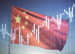 Multi exposure of virtual creative financial chart hologram on Chinese flag and blue sky background.