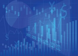 Widescreen Abstract financial graph with uptrend line and bar chart of stock market on blue color background