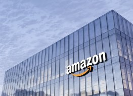 Seattle, WA, USA. February 18, 2021, Editorial Use Only, 3D CGI. Amazon Signage Logo on Top of Glass Building. Workplace E-commerce Company Office Headquarter.