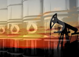 Brent vs WTI: Which crude to trade in 2022? Crude mining concept and graph of falling oil prices on the trading exchange. Crude oil pump jack at oilfield on sunset backround. Fossil crude output and fuels oil production. Oil drill rig