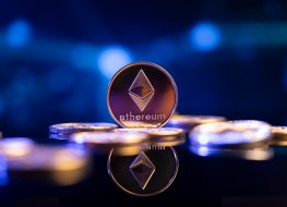 Ethereum cryptocurrency coin, blurred background