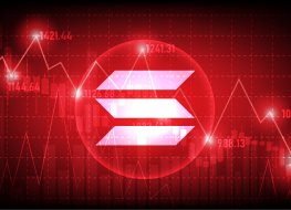 Solana (SOL) logo against red background with with lines representing downward market moves.