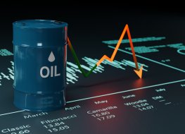 Oil barrels and a financial chart illustrate the volatile prices of crude