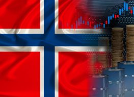 national flag of Norway on silk, barrels of oil, metal coins, oil futures trading concept, growth of DBO index on stock exchange, global world trade, falling and rises oil prices