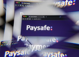Milan, Italy - APRIL 10, 2021- Paysafe company logo on laptop screen seen through an optical prism, creative interpretation. Dynamic and unique image from Paysafe website. Illustrative editorial.