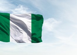 Nigeria flag in the blue sky. Horizontal panoramic banner.