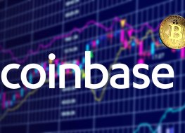 Coinbase (COIN) logo and bitcoin (BTC) coin