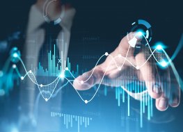 Most stable cryptocurrency: How stablecoins help volatile crypto markets? Office man finger touch finger, virtual screen with stock market changes, business candle chart chart. Double exposure of blue and white lines, growing numbers, online trading