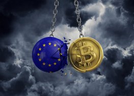 A bitcoin and a coin coloured with the EU flag clash 