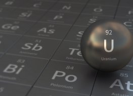 Uranium element in front of periodic table