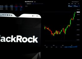 BlackRock Inc. logo displayed on a smartphone with the stock chart of BlackRock Inc. in the background.