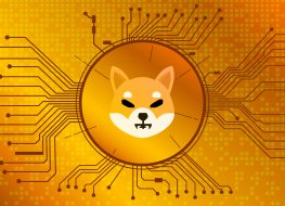 Shiba Inu SHIB cryptocurrency token symbol of the DeFi project in circle with PCB tracks on gold background. Currency icon. Decentralized finance programs. Vector EPS10.