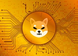 SHIB cryptocurrency logo, showing a cartoon Shiba Inu dog on a coin, over a golden orange background with circuit board graphics detail