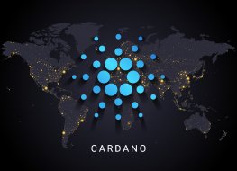 Cardano crypto currency digital payment system blockchain concept. Cryptocurrency isolated on earth night lights world map background. 
