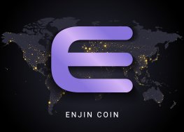 Enjin price prediction 2022-2030: Can ENJ coin regain growth? Enjin coin crypto currency digital payment system blockchain concept. Cryptocurrency isolated on earth night lights world map background.