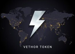 Vethor token crypto currency digital payment system blockchain concept. Cryptocurrency isolated on earth night lights world map background. Vector illustration