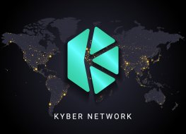 Illustration of the Kyber Network company name and KNC icon over a world map
