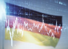 Abstract virtual financial graph hologram on German flag and sunset sky background, financial and trading concept. Multiexposure