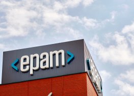 Minsk, Belarus. May 2021. EPAM Systems logo on the roof of the building against blue the sky. EPAM Systems - leading global provider of digital platform engineering and software development services