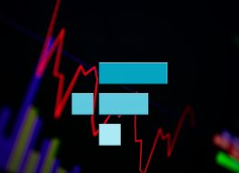 FTX token logo in blue on a dark background featuring line graphs