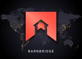 The BarnBridge logo in front of a map