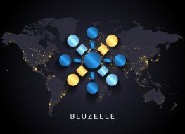 The Bluzelle logo on a world map