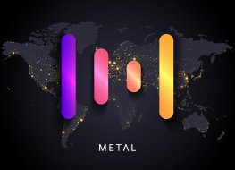 Metal price prediction: Can MTL retest its highs? Metal crypto currency digital payment system blockchain concept. Cryptocurrency isolated on earth night lights world map background.