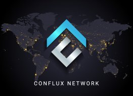 Conflux logo isolated on earth night lights world map background. 