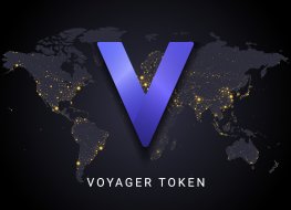Voyager token crypto currency digital payment system blockchain concept. Cryptocurrency isolated on earth night lights world map background.