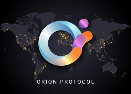 Orion protocol crypto currency digital payment system blockchain concept. Cryptocurrency isolated on earth night lights world map background. Vector illustration