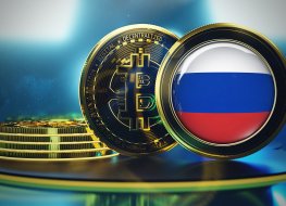 Bitcoin (BTC) coin and Russian flag.