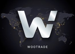 Vector illustration of Wootrade cryptocurrency digital payment system blockchain concept. Cryptocurrency isolated on earth night lights world map background