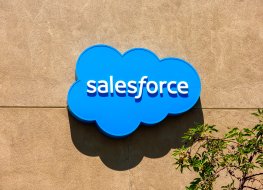 Salesforce cloud logo, sign at software company headquarters building.