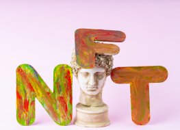 Classical statue and NFT symbol on a pink background