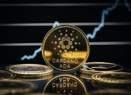 Cardano ADA coins, price chart going upwards on the background 