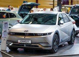 Hyundai A silver Hyundai Ioniq stands at the front of showroom stand