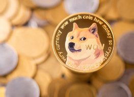 The golden Dogecoin with background of regular coins.