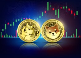 Coins representing dogecoin (DOGE) and shiba inu (SHIB)