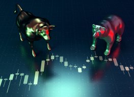 Bears and bulls with a candle chart representing market movements