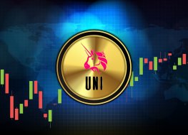 The Uniswap logo of a unicorn’s head against a trading chart background