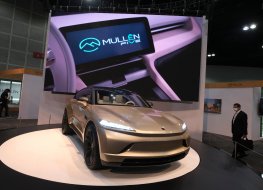 The Mullen Five vehicle is displayed at the 2021 LA Auto Show media day in Los Angeles, November, 18, 2021.