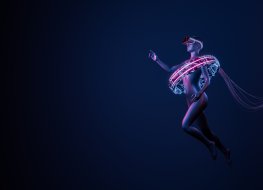 conceptual and futuristic 3d woman floating in the air with neon lighting and VR glasses. futuristic concept of video games, NFT, VR and crypto. 3d rendering