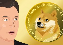 Dogecoin (DOGE) and a cartoon of Elon Musk.