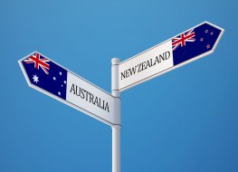 Signs on a post pointing towards Australia and New Zealand