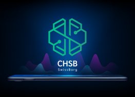 The swissborg (CHSB) name and logo floating above a smartphone