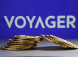 Voyager coins are lying flat. Voyager logo in the background.
