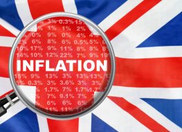 Magnifying glass focused on the word inflation on UK flag background. Hike interest rate. Inflation income crisis. Inflation, tax, cash flow and another financial concept in Britannia