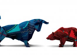 Illustration of paper bulls and bears in stock market context